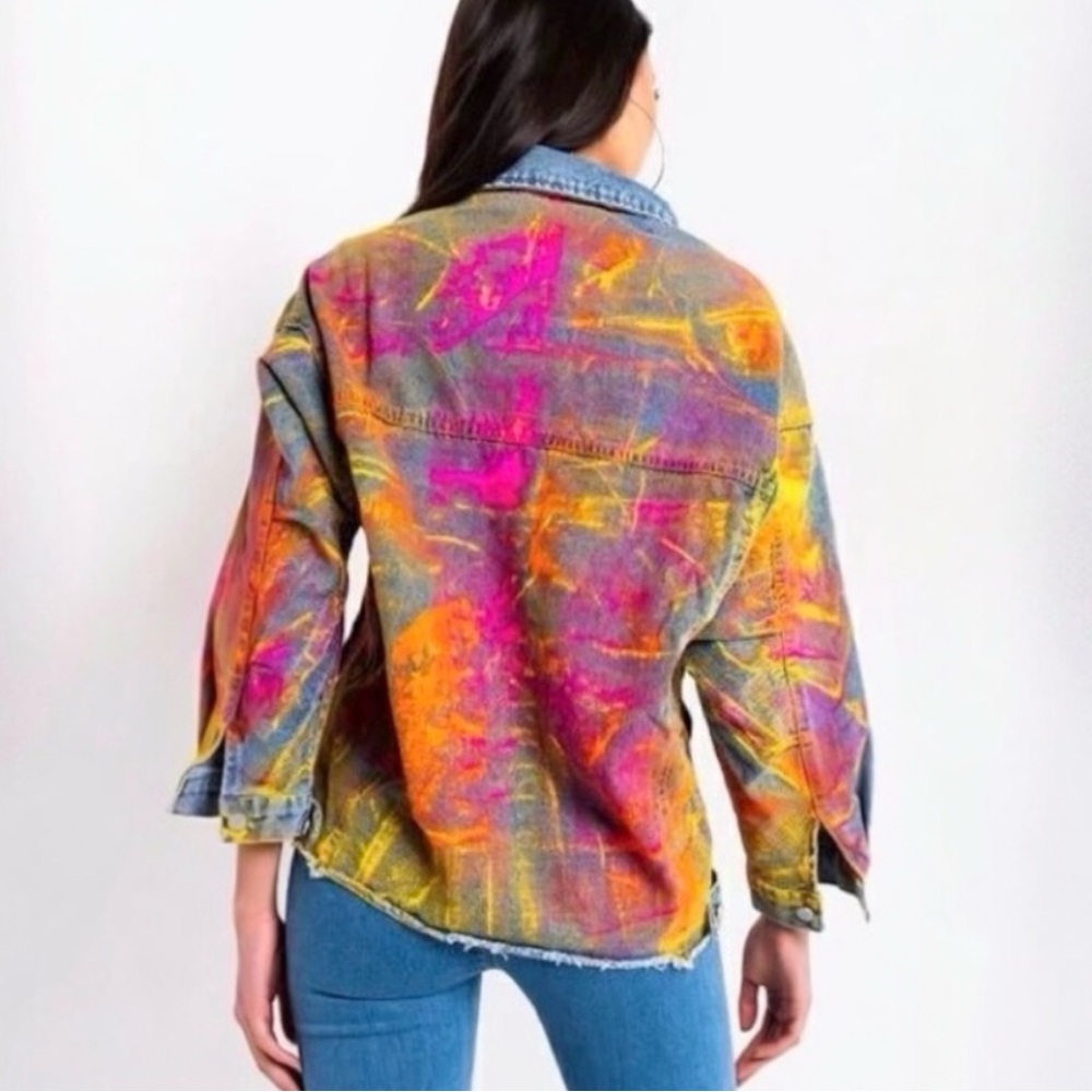 Beulah Splattered Paint Pollock Painted Oversized Distressed Denim Jean Jacket - Picture 7 of 16